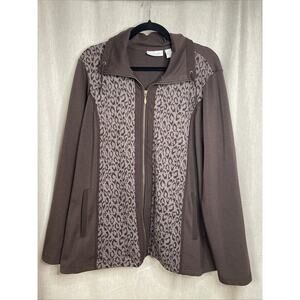 Weekend By Chico’s Size 3 Brown - Full Zip Jacket With Leopard Print Panel